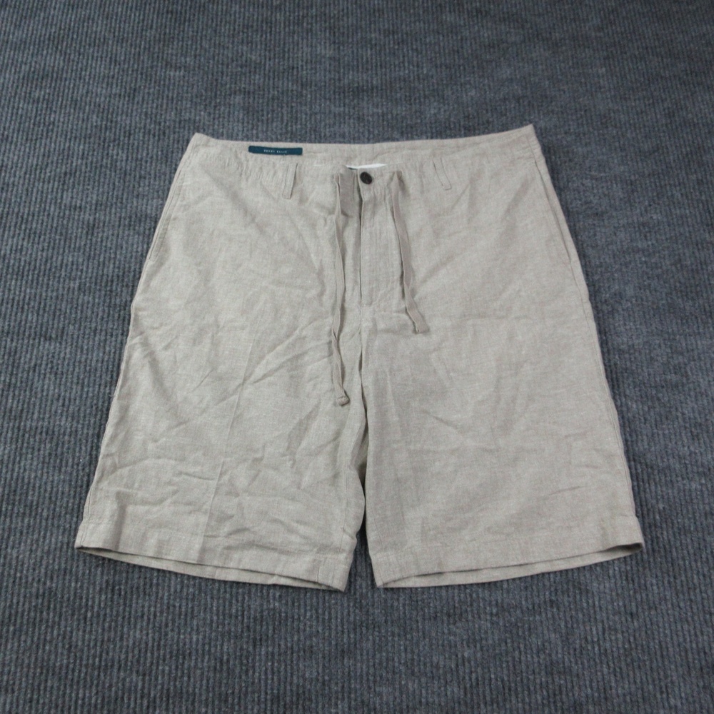 Perry Ellis Shorts Mens 34 Beige Linen Cotton Chino Drawstring Full Zip 37x11*